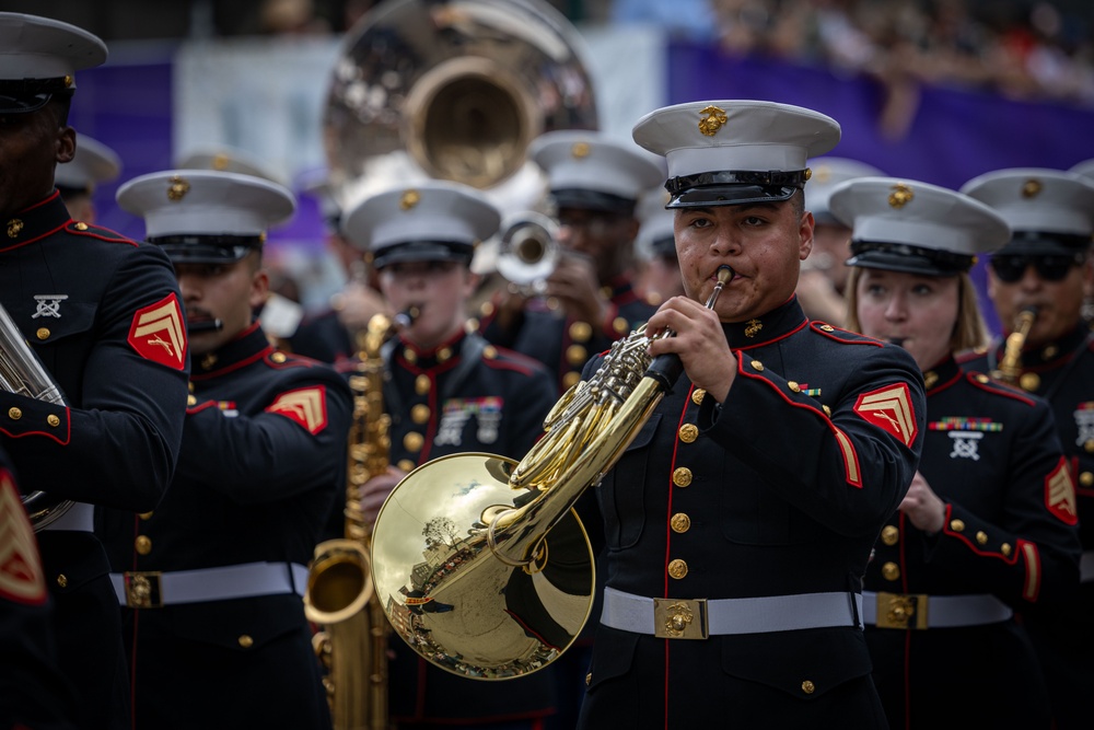 Marine Forces Reserve Band leads the Super Bowl LIX Parade