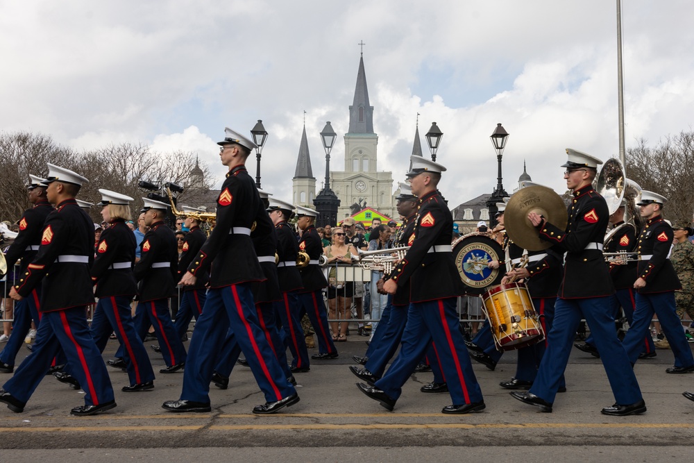 Marine Forces Reserve Band leads the Super Bowl LIX Parade