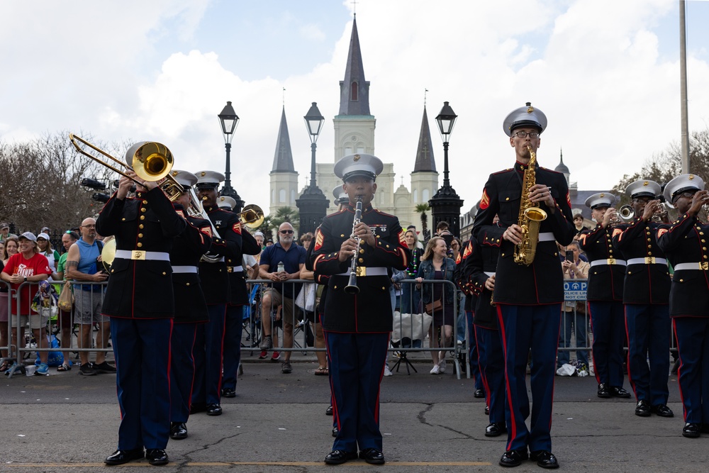 Marine Forces Reserve Band leads the Super Bowl LIX Parade