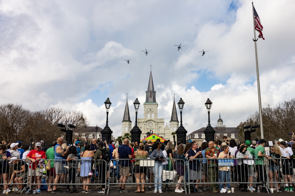 Marine Forces Reserve Band leads the Super Bowl LIX Parade