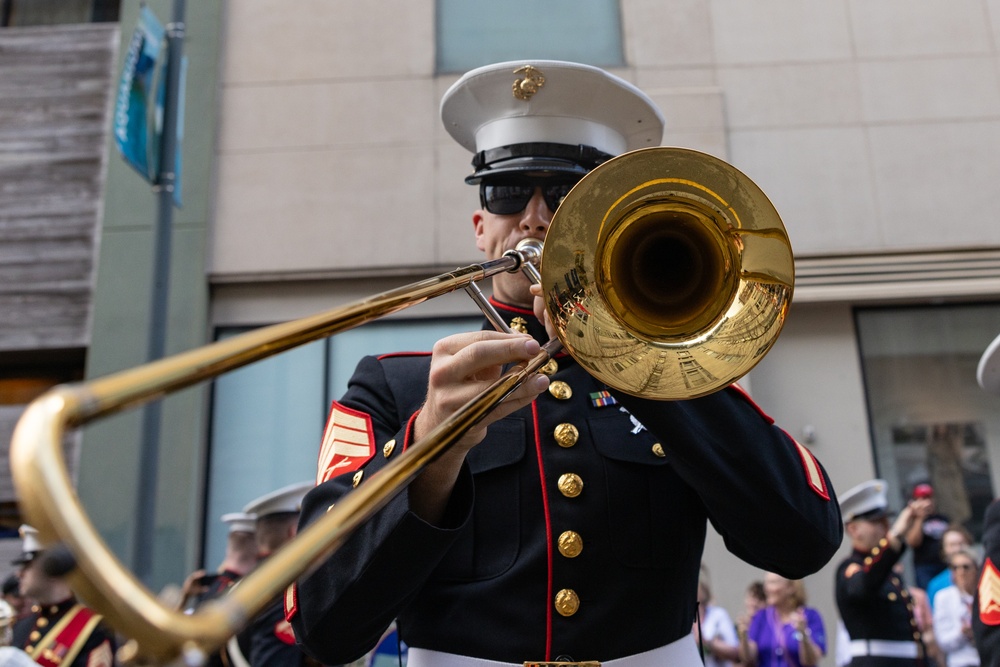 Marine Forces Reserve Band leads the Super Bowl LIX Parade