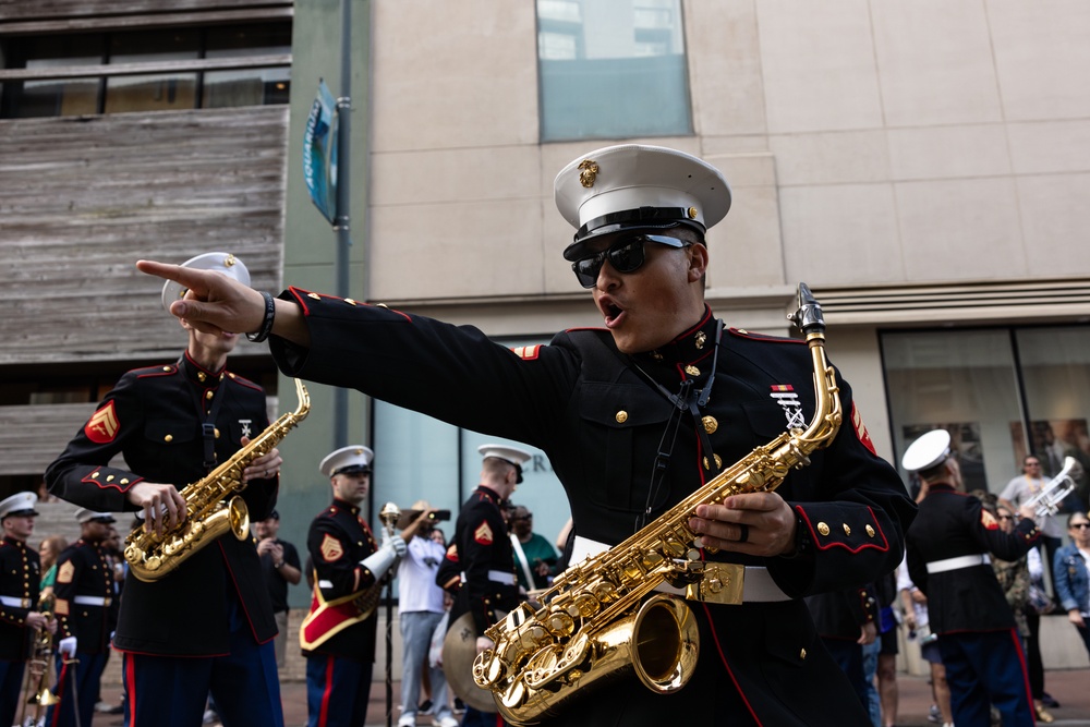 Marine Forces Reserve Band leads the Super Bowl LIX Parade