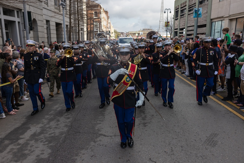 Marine Forces Reserve Band leads the Super Bowl LIX Parade