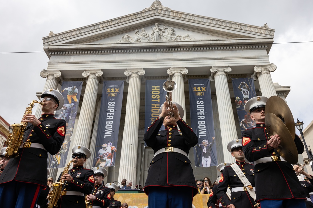 Marine Forces Reserve Band leads the Super Bowl LIX Parade