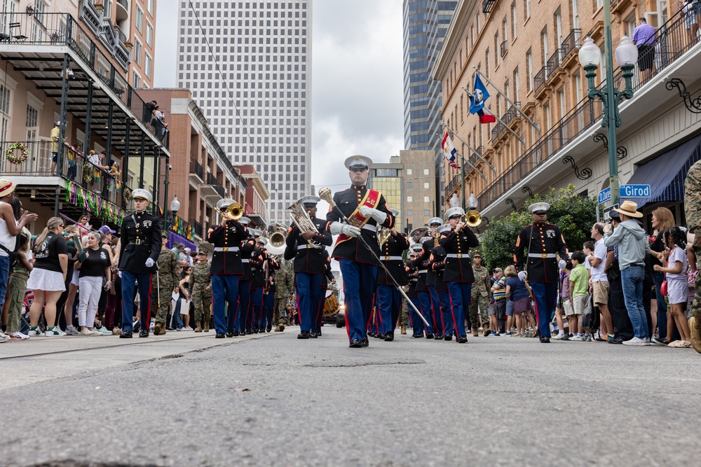 Marine Forces Reserve Band leads the Super Bowl LIX Parade