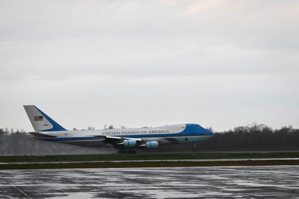 President Donald Trump lands onboard NAS JRB New Orleans