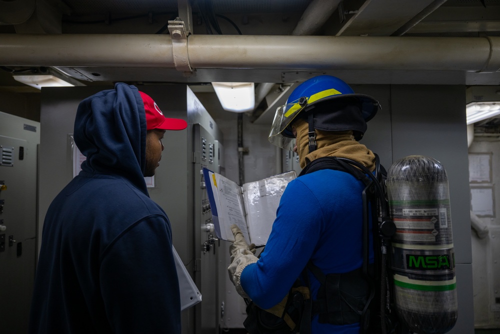 USCGC Polar Star (WAGB 10) crewmembers conduct damage control training in McMurdo Sound during Operation Deep Freeze