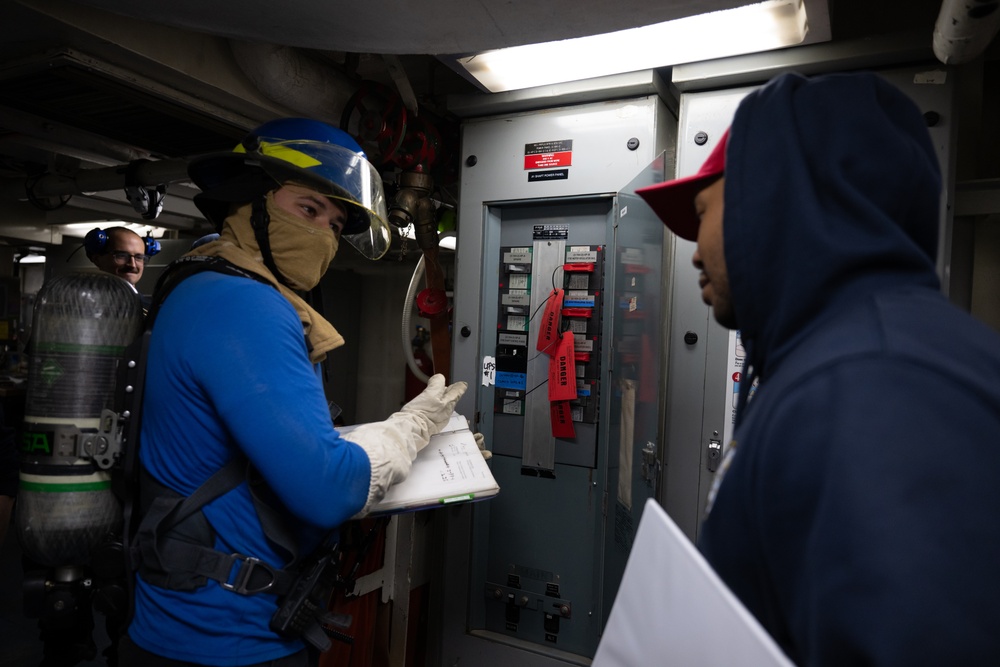 USCGC Polar Star (WAGB 10) crewmembers conduct damage control training in McMurdo Sound during Operation Deep Freeze
