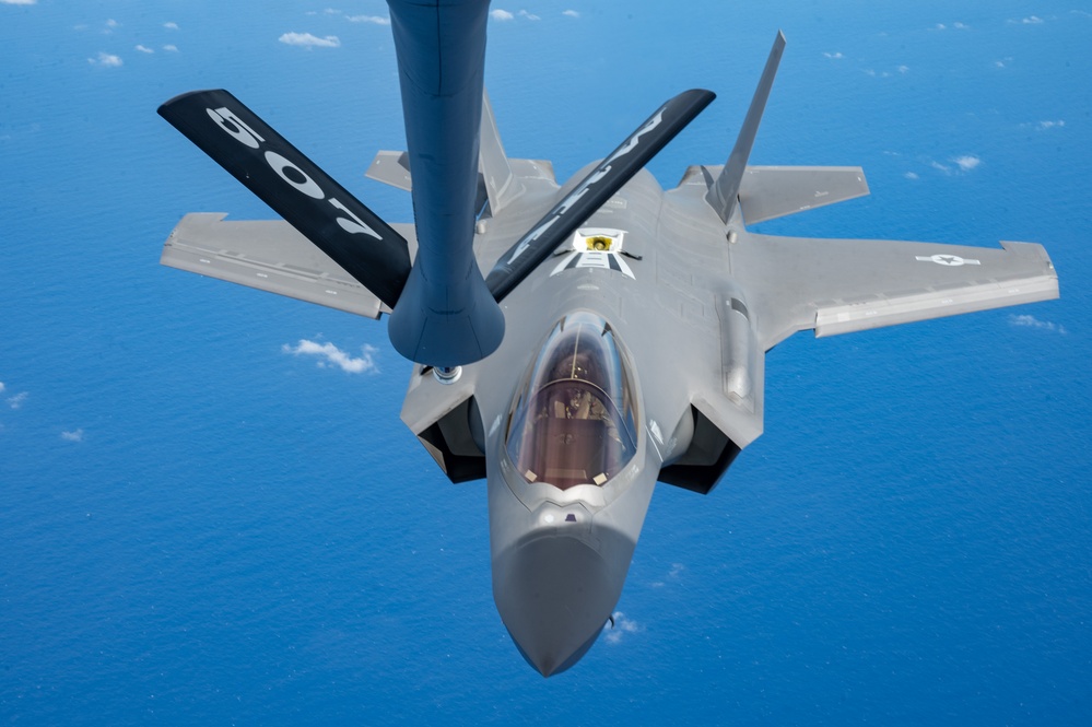 U.S. Air Force KC-135 refuels two F-35As