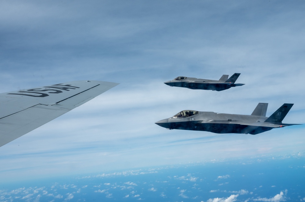 U.S. Air Force KC-135 refuels two F-35As