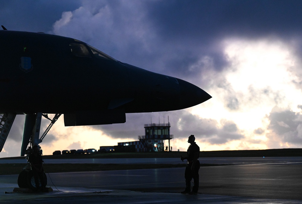 B-1B Lancers assigned to the 34th Expeditionary Bomb Squadron take off in support of a BTF 25-1 training mission Feb. 10, 2025