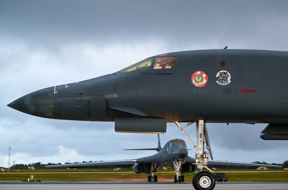 B-1B Lancers assigned to the 34th Expeditionary Bomb Squadron take off in support of a BTF 25-1 training mission Feb. 10, 2025