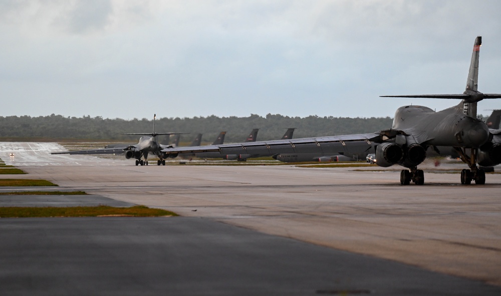 B-1B Lancers assigned to the 34th Expeditionary Bomb Squadron take off in support of a BTF 25-1 training mission Feb. 10, 2025