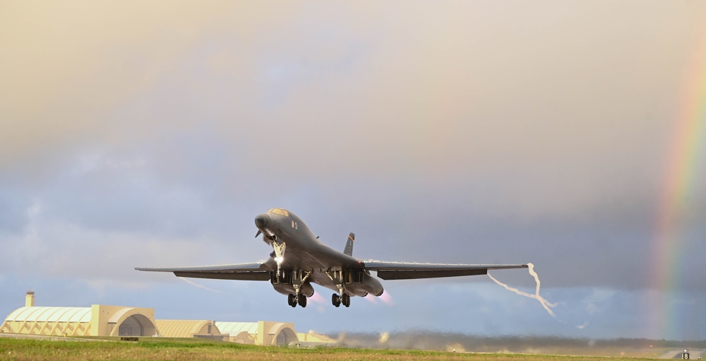 B-1B Lancers assigned to the 34th Expeditionary Bomb Squadron take off in support of a BTF 25-1 training mission Feb. 10, 2025