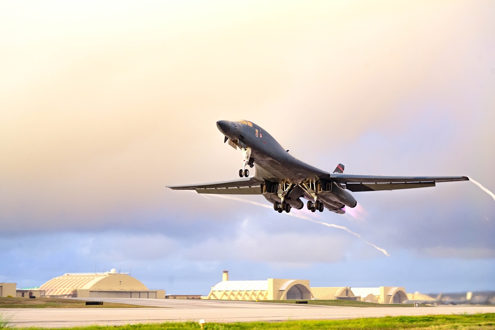 B-1B Lancers assigned to the 34th Expeditionary Bomb Squadron take off in support of a BTF 25-1 training mission Feb. 10, 2025