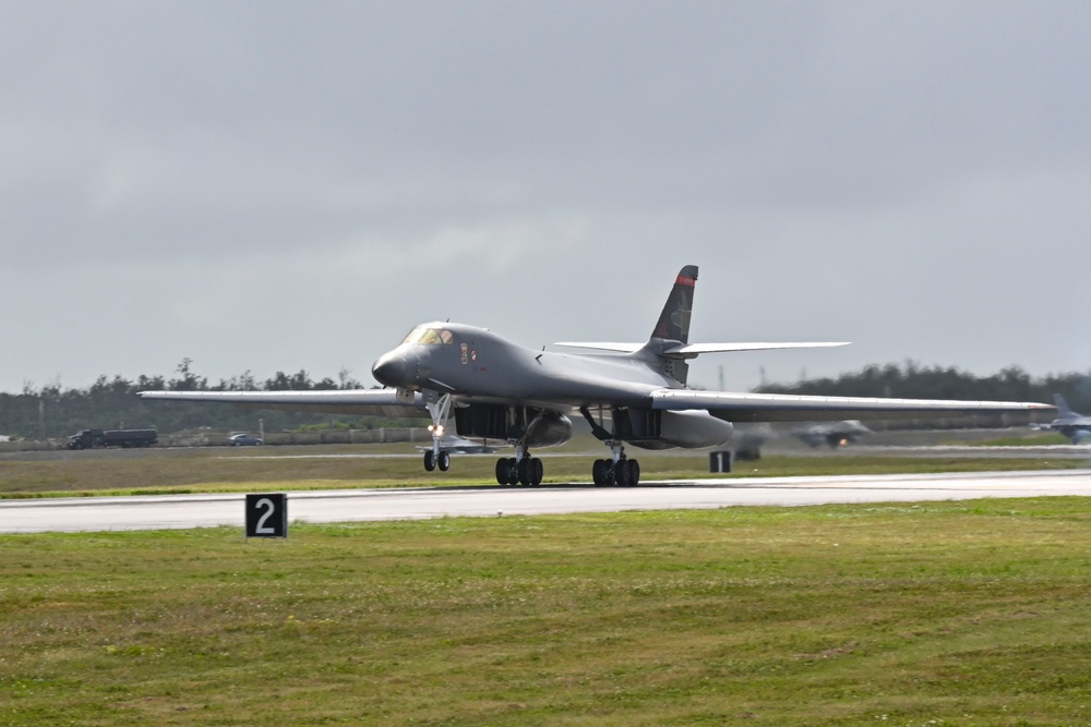 B-1B Lancers assigned to the 34th Expeditionary Bomb Squadron return from a BTF 25-1 training mission Feb. 10, 2025