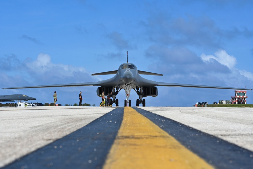 B-1B Lancers assigned to the 34th Expeditionary Bomb Squadron return from a BTF 25-1 training mission Feb. 10, 2025