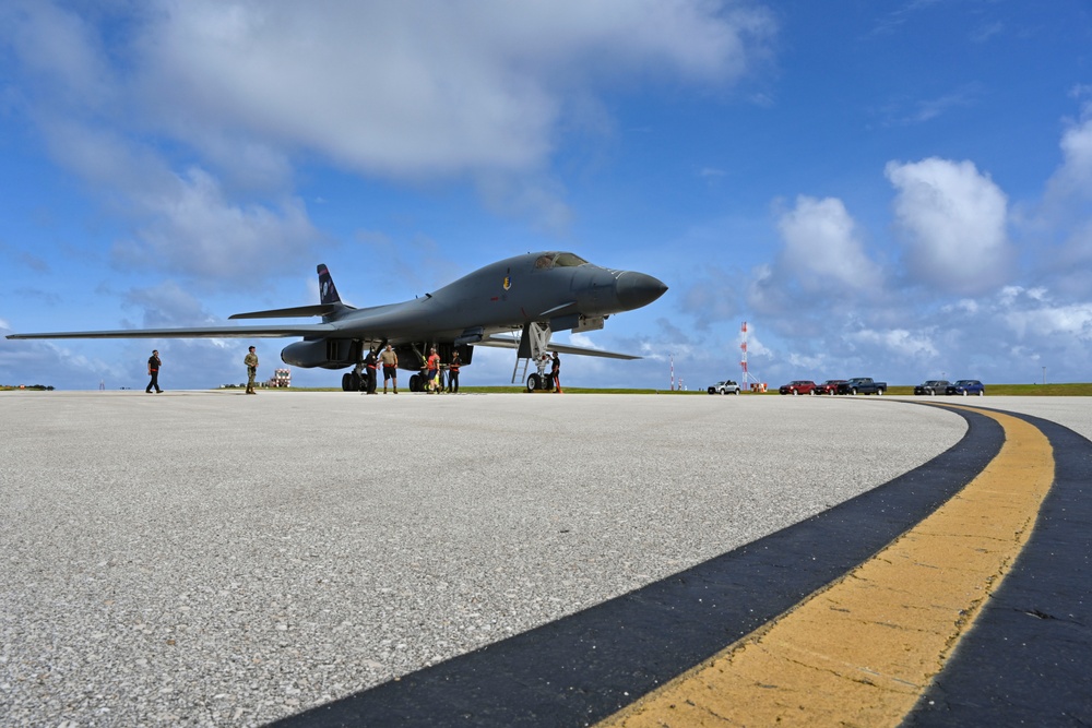 B-1B Lancers assigned to the 34th Expeditionary Bomb Squadron return from a BTF 25-1 training mission Feb. 10, 2025