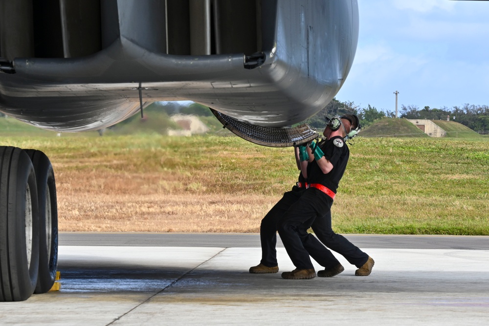 34th Expeditionary Bomb Squadron B-1B Lancer takes off from Andersen AFB in support of Aero India 2025 air show