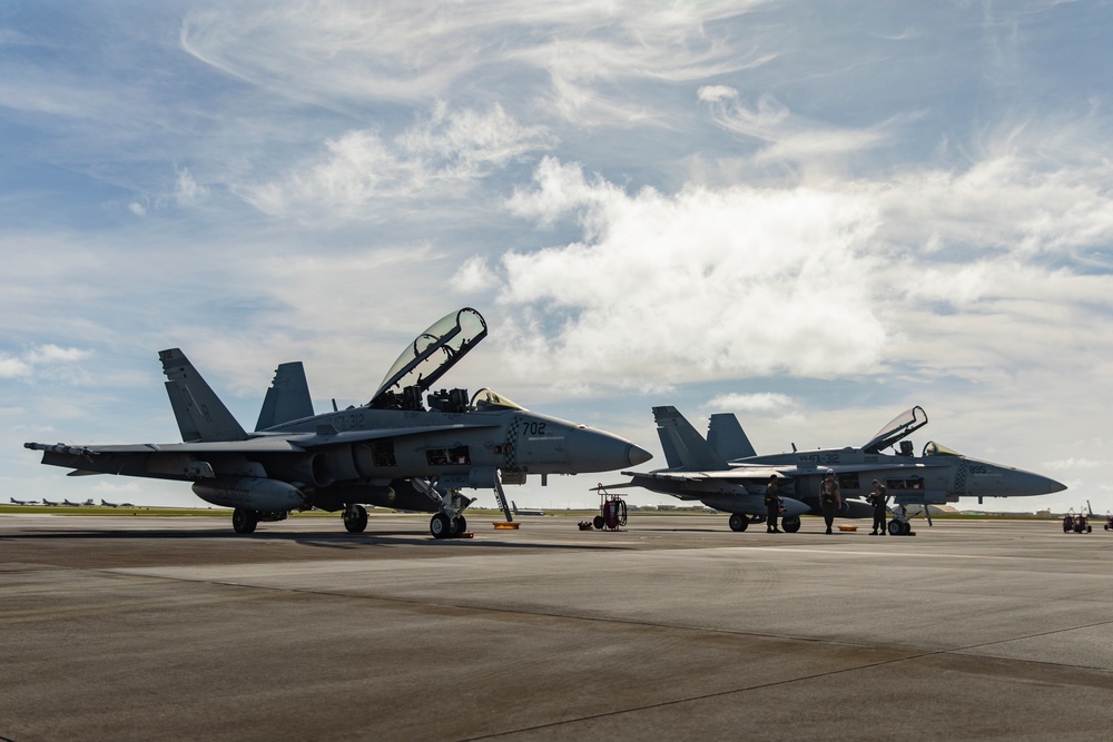 U.S. Marine Corps F/A-18s take off for Cope North 25