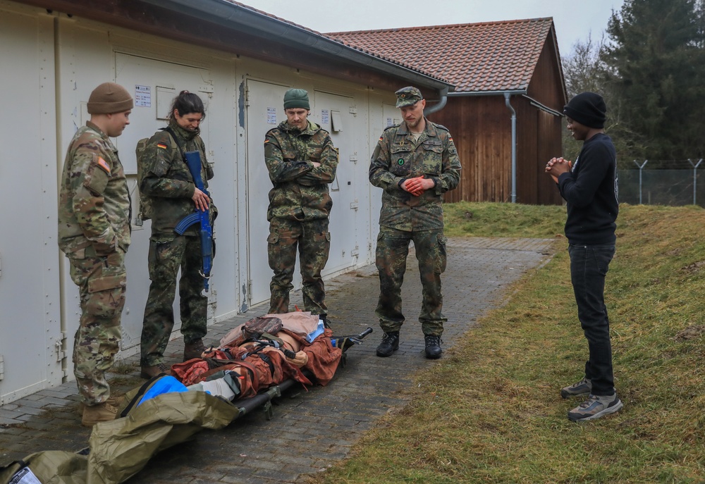 U.S. Army CATC and German Bundeswehr Medical Academy soldiers conduct trauma lane simulation exercise