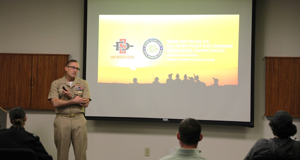 Rear Adm. Jeffrey Kilian speaks to SDSU students