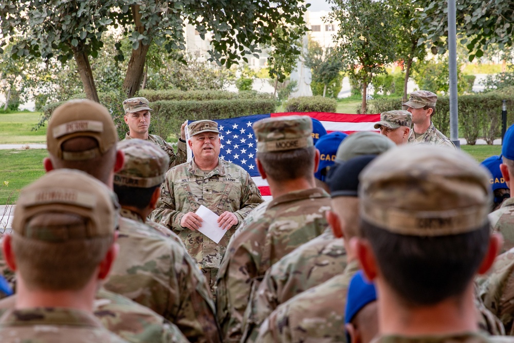 U.S. Army Sgt. Joshua Becher, West Virginia Army National Guard reenlists at the Qatar National Service Academy in Umm Salal Muhammed, Qatar Feb. 5, 2025.