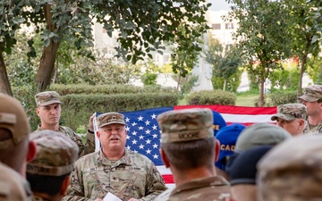 U.S. Army Sgt. Joshua Becher, West Virginia Army National Guard reenlists at the Qatar National Service Academy in Umm Salal Muhammed, Qatar Feb. 5, 2025.