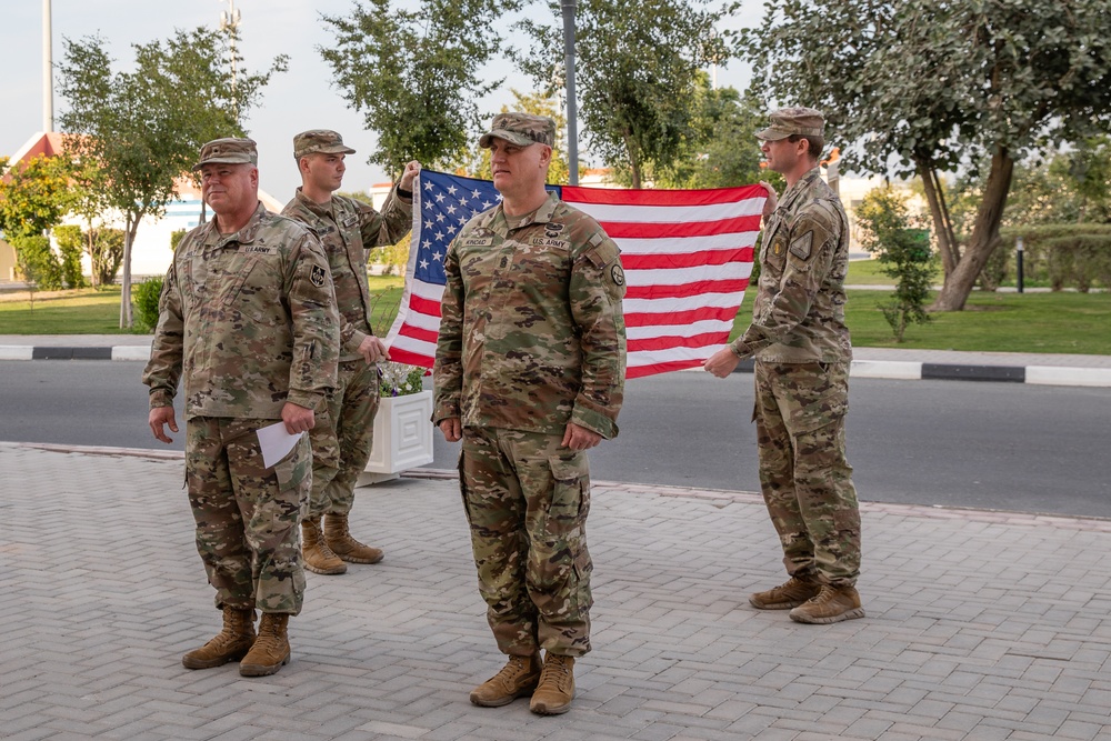 U.S. Army Sgt. Joshua Becher, West Virginia Army National Guard reenlists at the Qatar National Service Academy in Umm Salal Muhammed, Qatar Feb. 5, 2025.