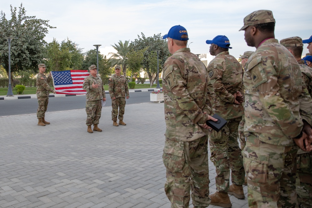 U.S. Army Sgt. Joshua Becher, West Virginia Army National Guard reenlists at the Qatar National Service Academy in Umm Salal Muhammed, Qatar Feb. 5, 2025.