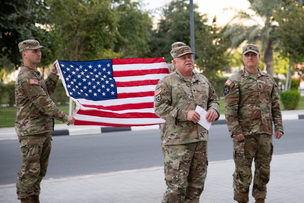 U.S. Army Sgt. Joshua Becher, West Virginia Army National Guard reenlists at the Qatar National Service Academy in Umm Salal Muhammed, Qatar Feb. 5, 2025.