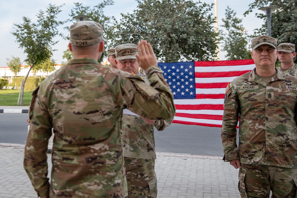 U.S. Army Sgt. Joshua Becher, West Virginia Army National Guard reenlists at the Qatar National Service Academy in Umm Salal Muhammed, Qatar Feb. 5, 2025.