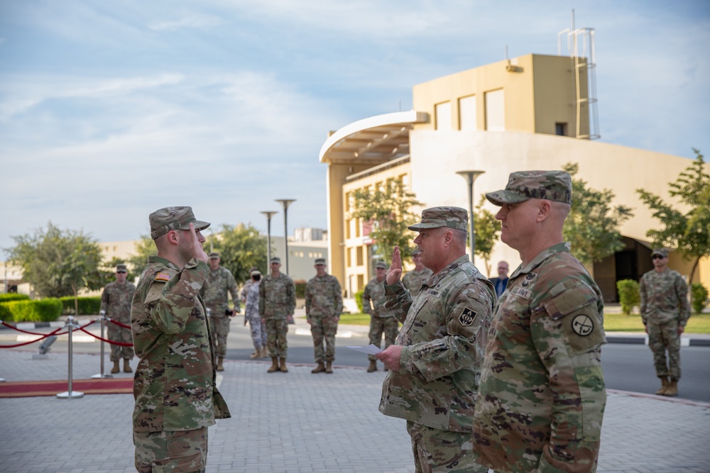 U.S. Army Sgt. Joshua Becher, West Virginia Army National Guard reenlists at the Qatar National Service Academy in Umm Salal Muhammed, Qatar Feb. 5, 2025.