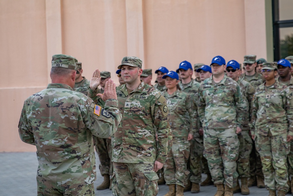 U.S. Army Sgt. Joshua Becher, West Virginia Army National Guard reenlists at the Qatar National Service Academy in Umm Salal Muhammed, Qatar Feb. 5, 2025.