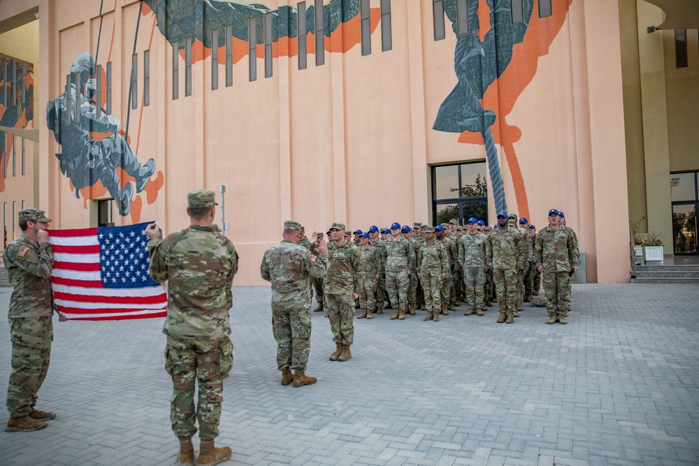 U.S. Army Sgt. Joshua Becher, West Virginia Army National Guard reenlists at the Qatar National Service Academy in Umm Salal Muhammed, Qatar Feb. 5, 2025.