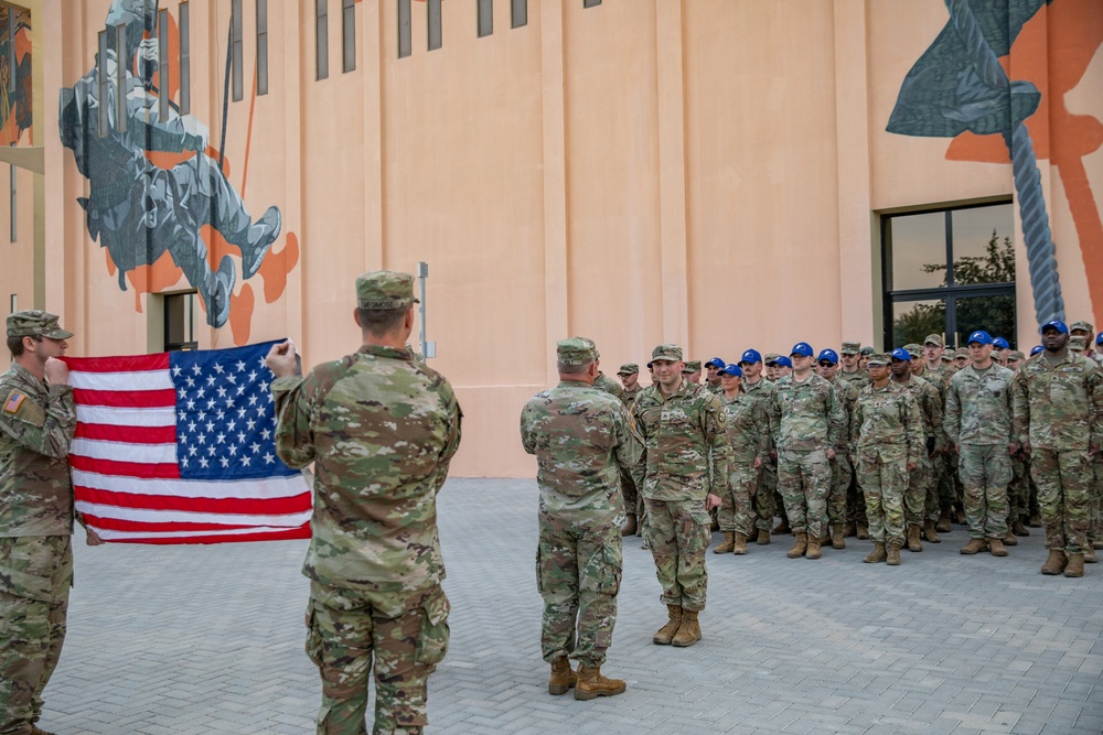 U.S. Army Sgt. Joshua Becher, West Virginia Army National Guard reenlists at the Qatar National Service Academy in Umm Salal Muhammed, Qatar Feb. 5, 2025.