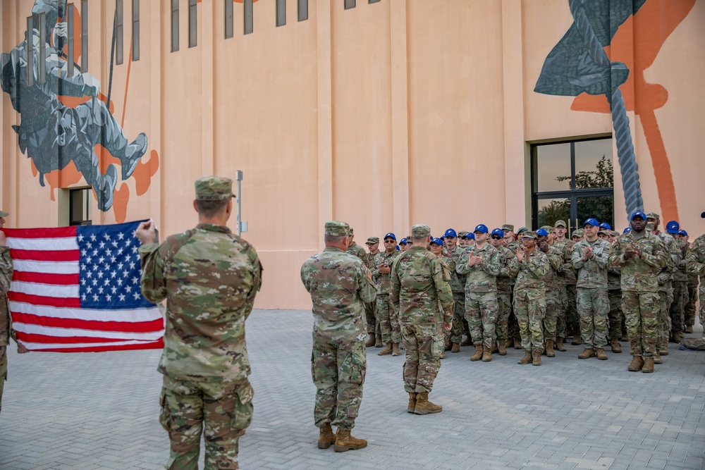 U.S. Army Sgt. Joshua Becher, West Virginia Army National Guard reenlists at the Qatar National Service Academy in Umm Salal Muhammed, Qatar Feb. 5, 2025.