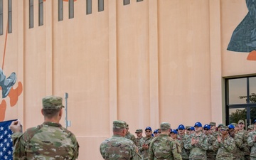 U.S. Army Sgt. Joshua Becher, West Virginia Army National Guard reenlists at the Qatar National Service Academy in Umm Salal Muhammed, Qatar Feb. 5, 2025.