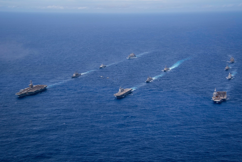 Carl Vinson Carrier Strike Group sails in formation with French Carrier Strike Group and Japan Maritime Self-Defense Force during Pacific Steller 2025