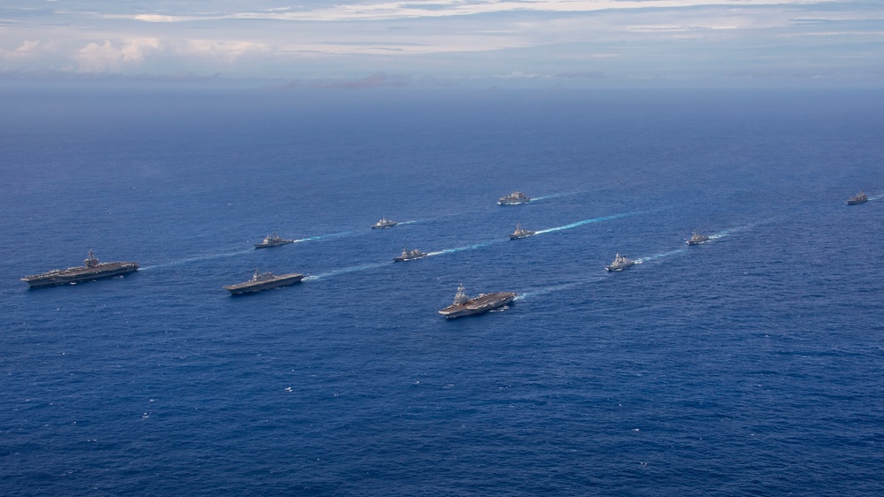 Carl Vinson Carrier Strike Group sails in formation with French Carrier Strike Group and Japan Maritime Self-Defense Force during Pacific Steller 2025