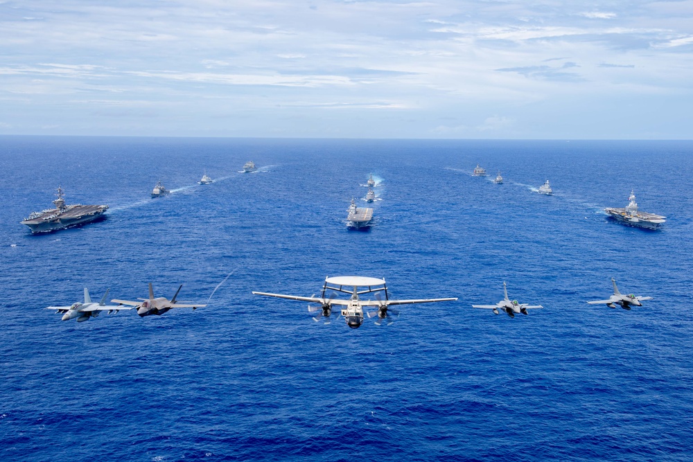 Carl Vinson Carrier Strike Group sails in formation with French Carrier Strike Group and Japan Maritime Self-Defense Force during Pacific Steller 2025