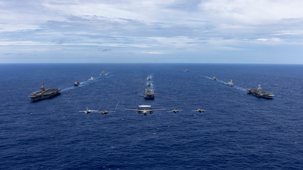 Carl Vinson Carrier Strike Group sails in formation with French Carrier Strike Group and Japan Maritime Self-Defense Force during Pacific Steller 2025