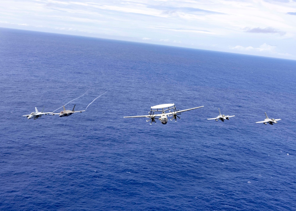 Carl Vinson Carrier Strike Group sails in formation with French Carrier Strike Group and Japan Maritime Self-Defense Force during Pacific Steller 2025