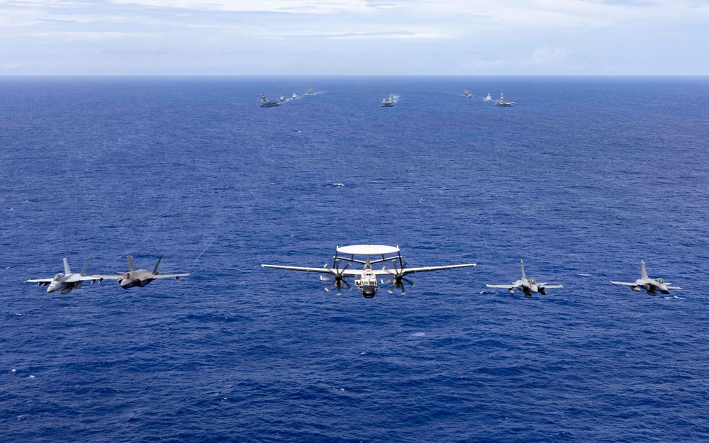 Carl Vinson Carrier Strike Group sails in formation with French Carrier Strike Group and Japan Maritime Self-Defense Force during Pacific Steller 2025