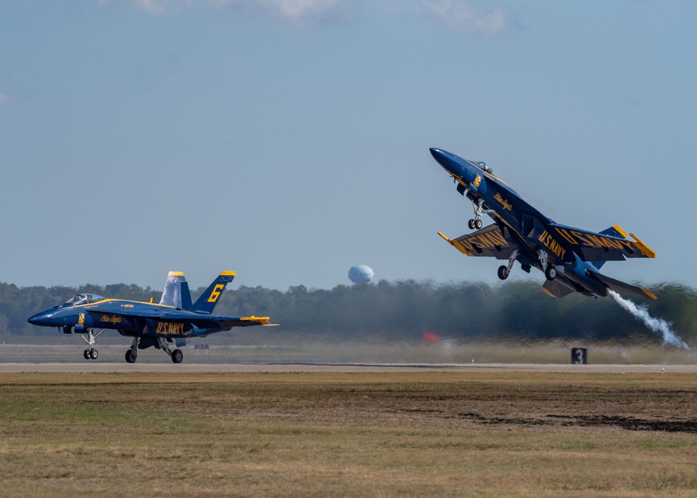 The Naval Flight Demonstration Squadron, the Blue Angels’ perform at the Wings Over Houston Air Show