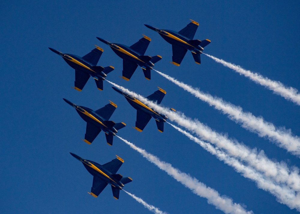 The Naval Flight Demonstration Squadron, the Blue Angels’ perform at the Wings Over Houston Air Show