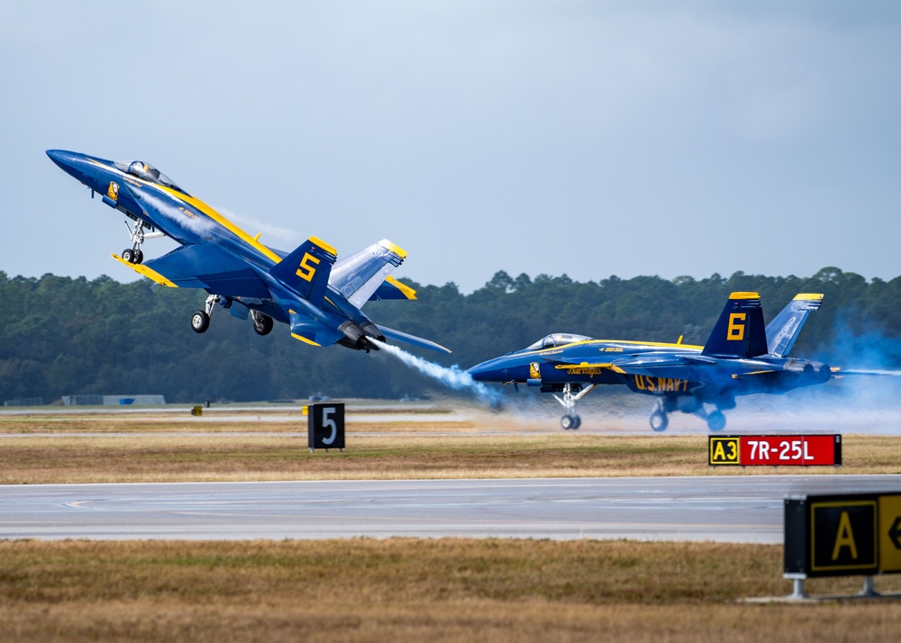 The Naval Flight Demonstration Squadron, the Blue Angels’ perform at the Blue Angels Homecoming Air Show