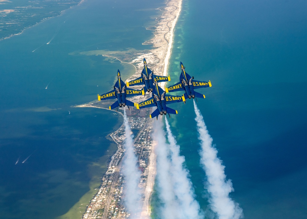 The Navy Flight Demonstration Squadron, the Blue Angels', perform in Pensacola Beach, FL.