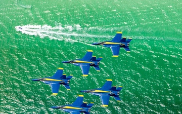 The Navy Flight Demonstration Squadron, the Blue Angels, perform in Pensacola Beach, FL.