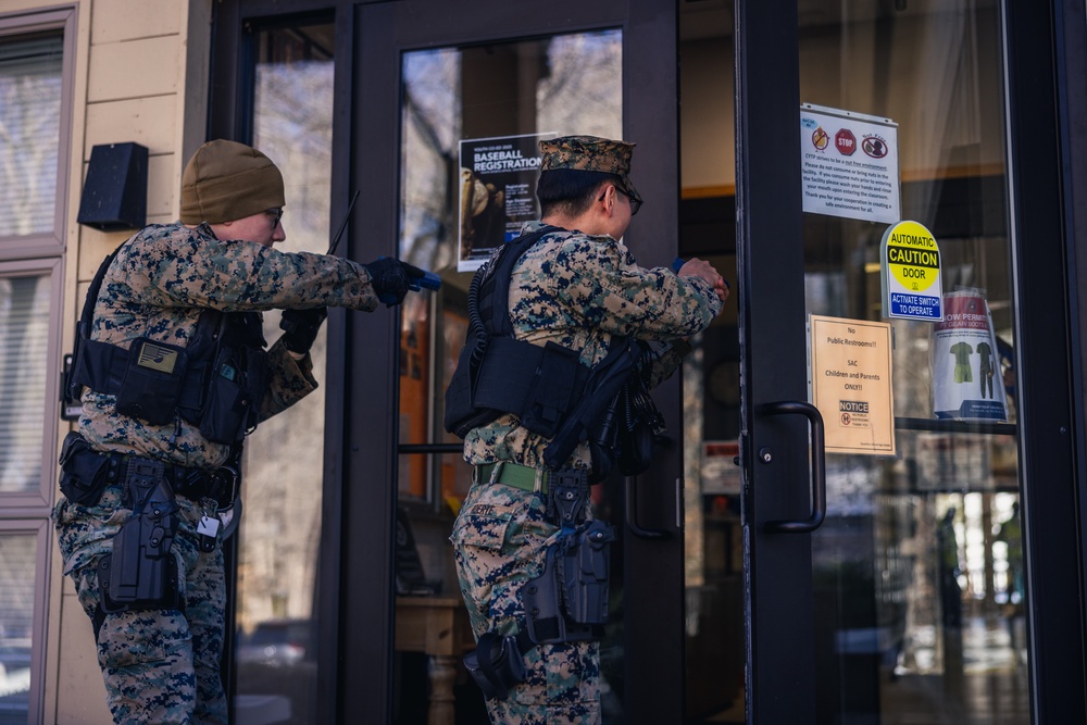 U.S. Marines conduct an active shooter drill on Marine Corps Base Quantico